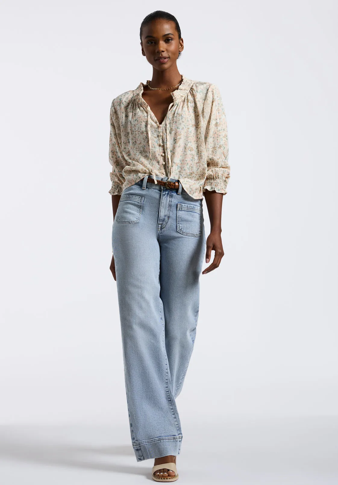 Maylah Women's Floral Print Long-Sleeve Smocked Blouse, Tan Floral - WT0174P sold by Buffalo Jeans product image thumbnail 5