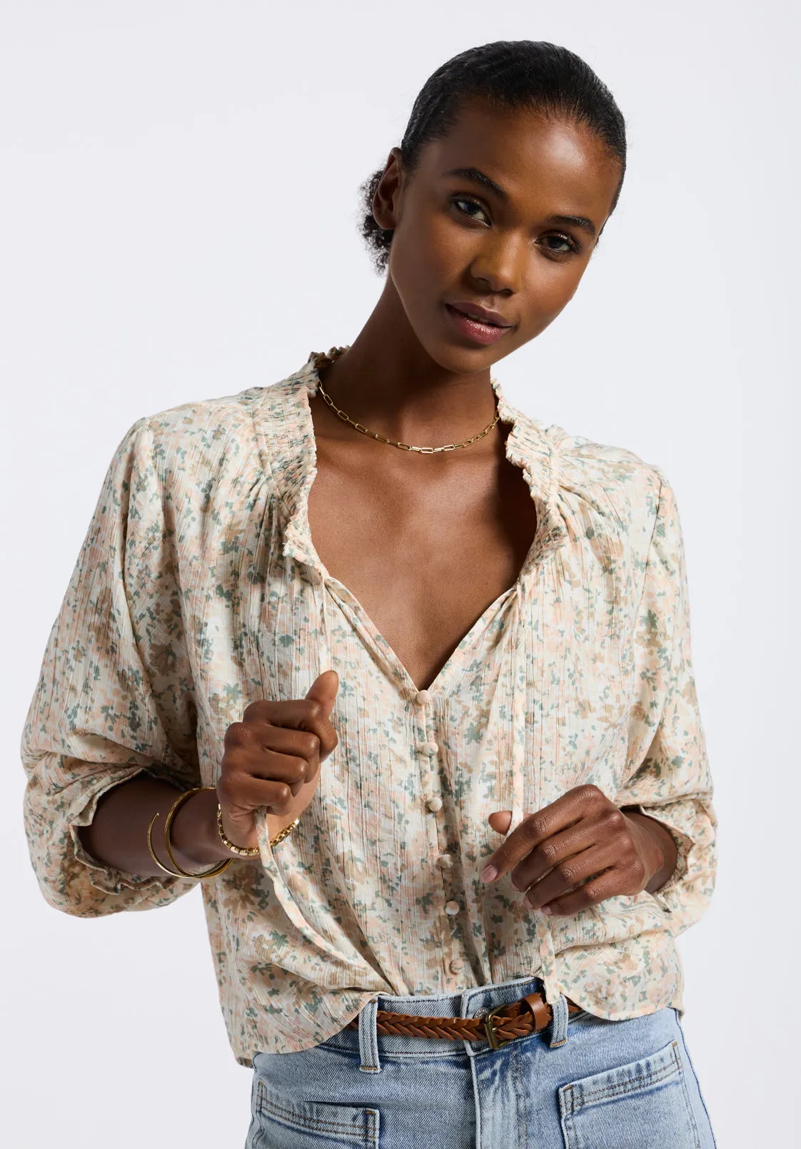 Maylah Women's Floral Print Long-Sleeve Smocked Blouse, Tan Floral - WT0174P sold by Buffalo Jeans product image thumbnail 2