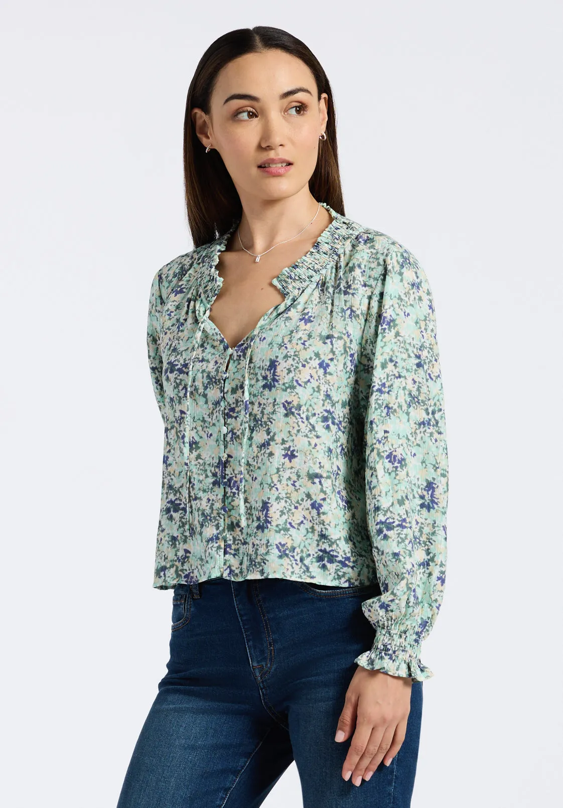 Maylah Women's Floral Print Long-Sleeve Smocked Blouse, Green Floral - WT0174P sold by Buffalo Jeans product image thumbnail 3