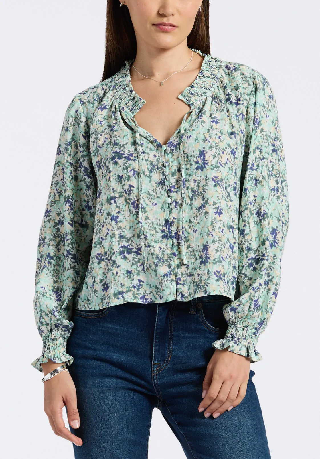 Maylah Women's Floral Print Long-Sleeve Smocked Blouse, Green Floral - WT0174P sold by Buffalo Jeans