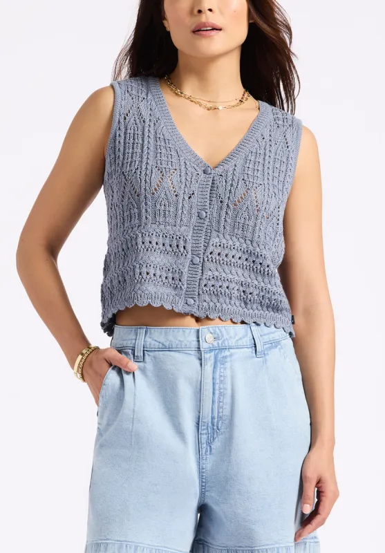 Merrybell Women's Pointelle Knit Vest with Button-Down Front, Bleached Navy - SW0114P sold by Buffalo Jeans