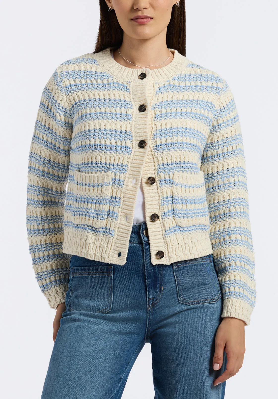 Amaranth Women's Striped Open Knit Cardigan, Cloud & Blue - SW0113P sold by Buffalo Jeans