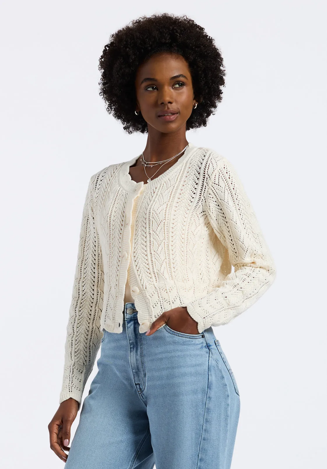 Emmanuelle Women's Scalloped Hem Open-Knit Cardigan, Parchment - SW0110P sold by Buffalo Jeans product image thumbnail 2