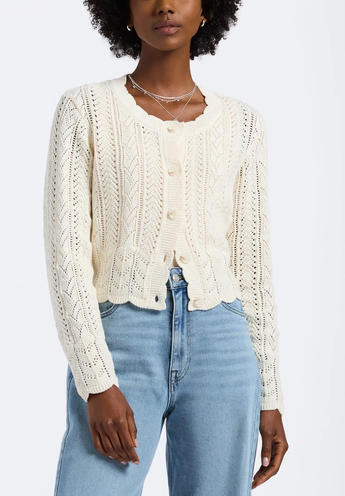 Emmanuelle Women's Scalloped Hem Open-Knit Cardigan, Parchment - SW0110P sold by Buffalo Jeans