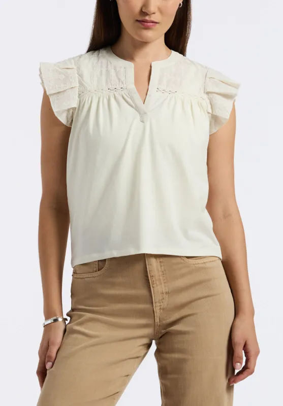 Mckaylie Women's Split Neck Flutter Sleeve Top with Embroidered Lace Details, Parchment - KT0210P sold by Buffalo Jeans
