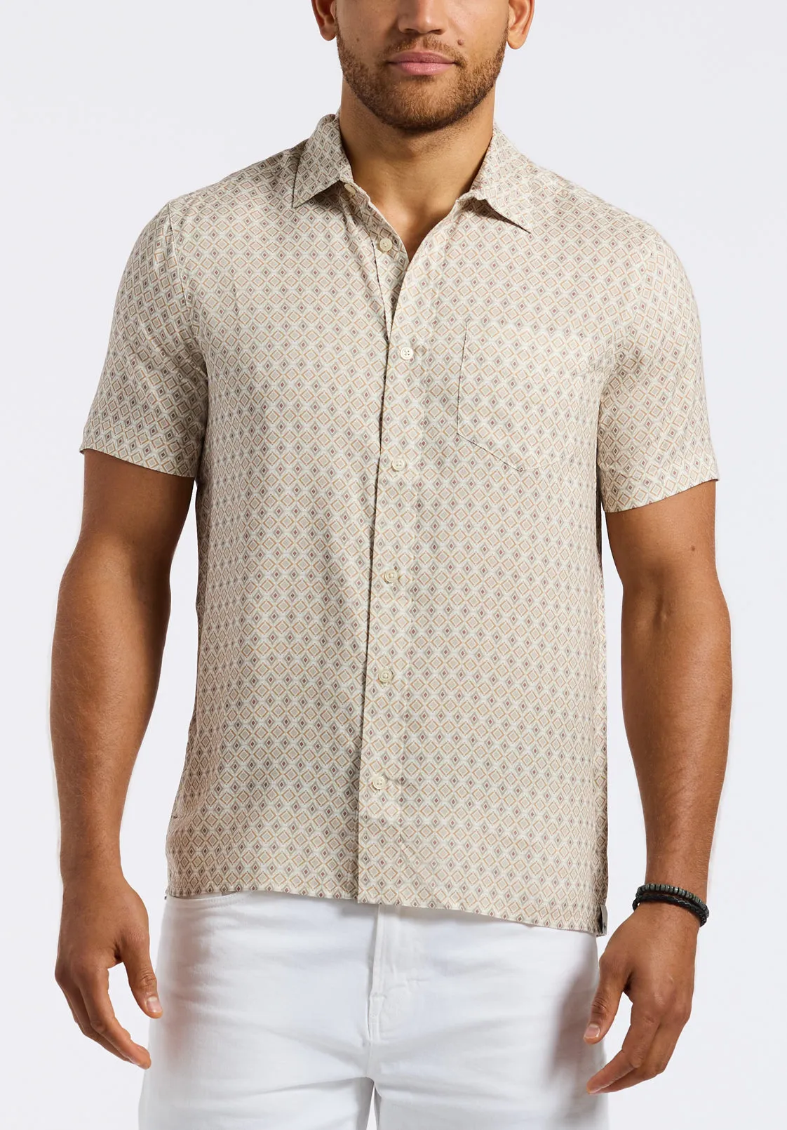 Sirilo Men's Short Sleeve Fitted Shirt with Geometric Print, Milk - BM24652 sold by Buffalo Jeans