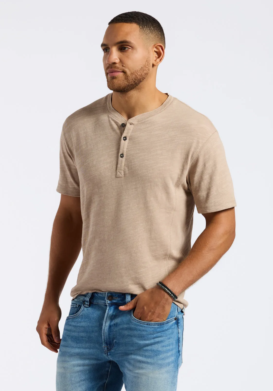 Kandido Men's Short Sleeve Slub Jersey Relaxed Henley Top, Tuffet Beige - BM24605 sold by Buffalo Jeans product image thumbnail 2