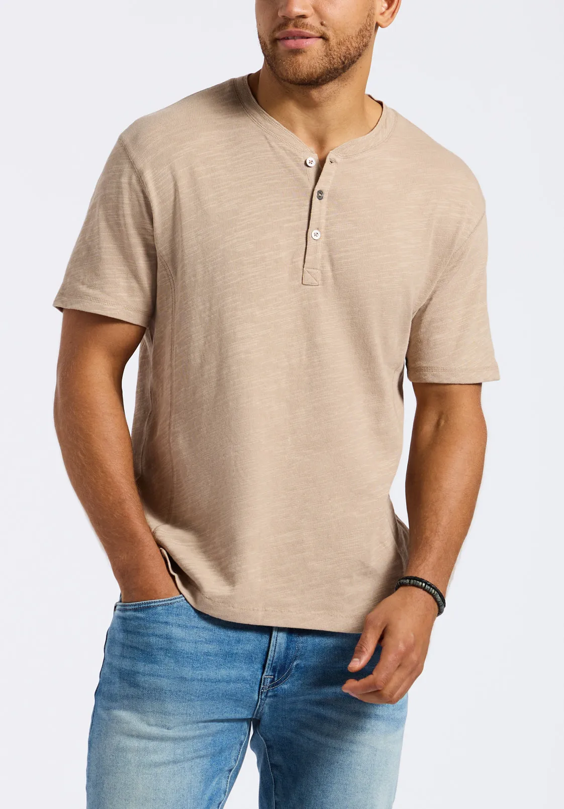 Kandido Men's Short Sleeve Slub Jersey Relaxed Henley Top, Tuffet Beige - BM24605 sold by Buffalo Jeans