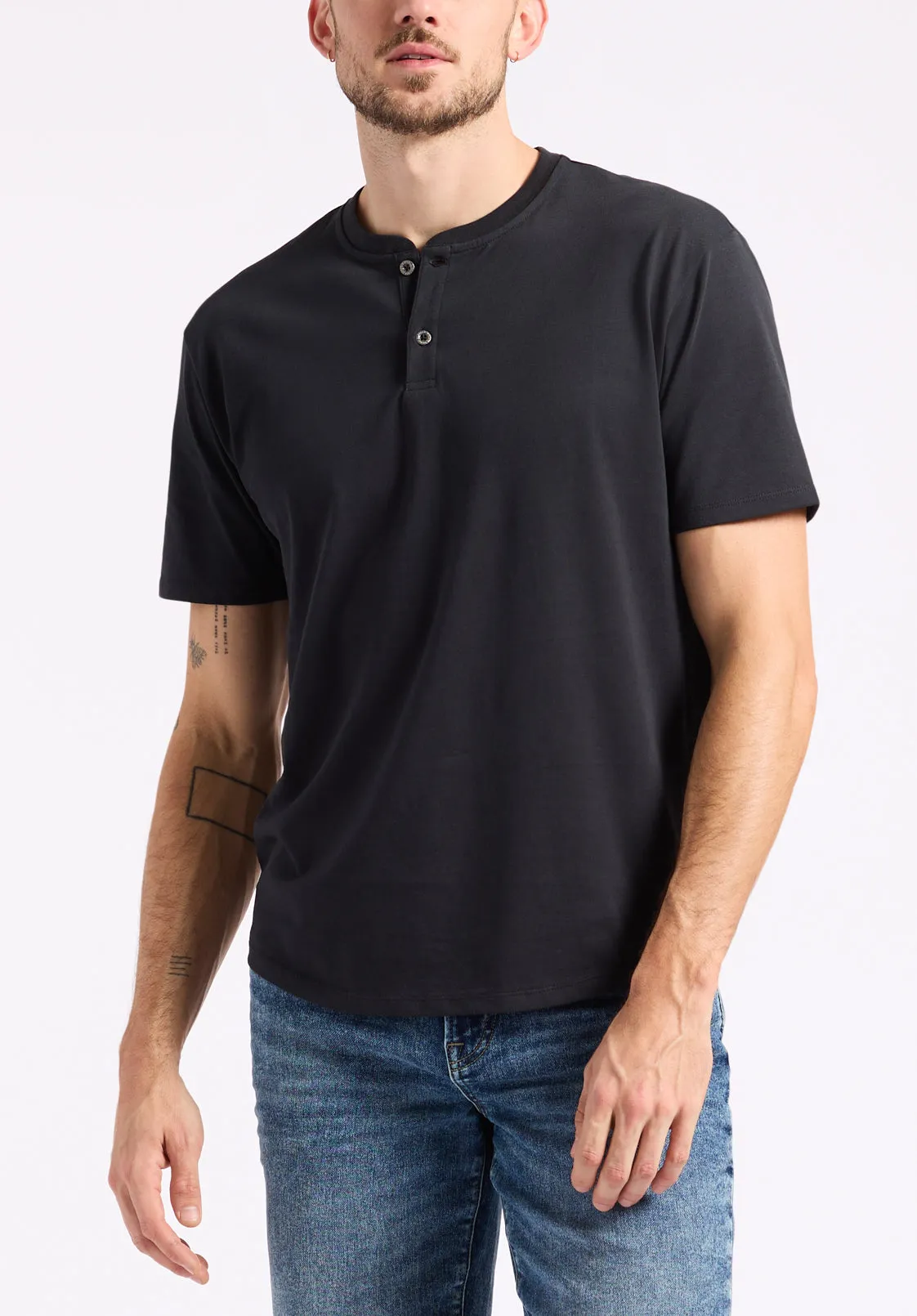 Kamel Men's Short-Sleeve Jersey Henley Top, Black - BM24602 sold by Buffalo Jeans