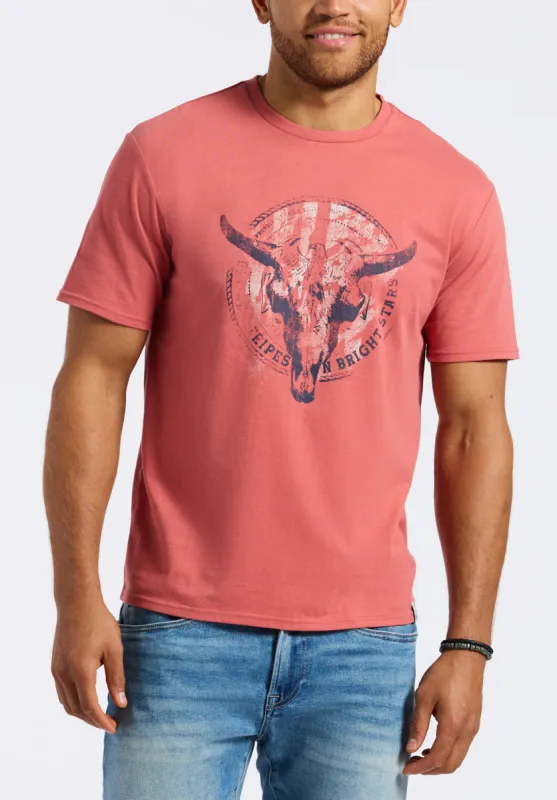 Tarz Men's Graphic T-Shirt with Bull Skull Motif, Miniral Red - BM24649 sold by Buffalo Jeans