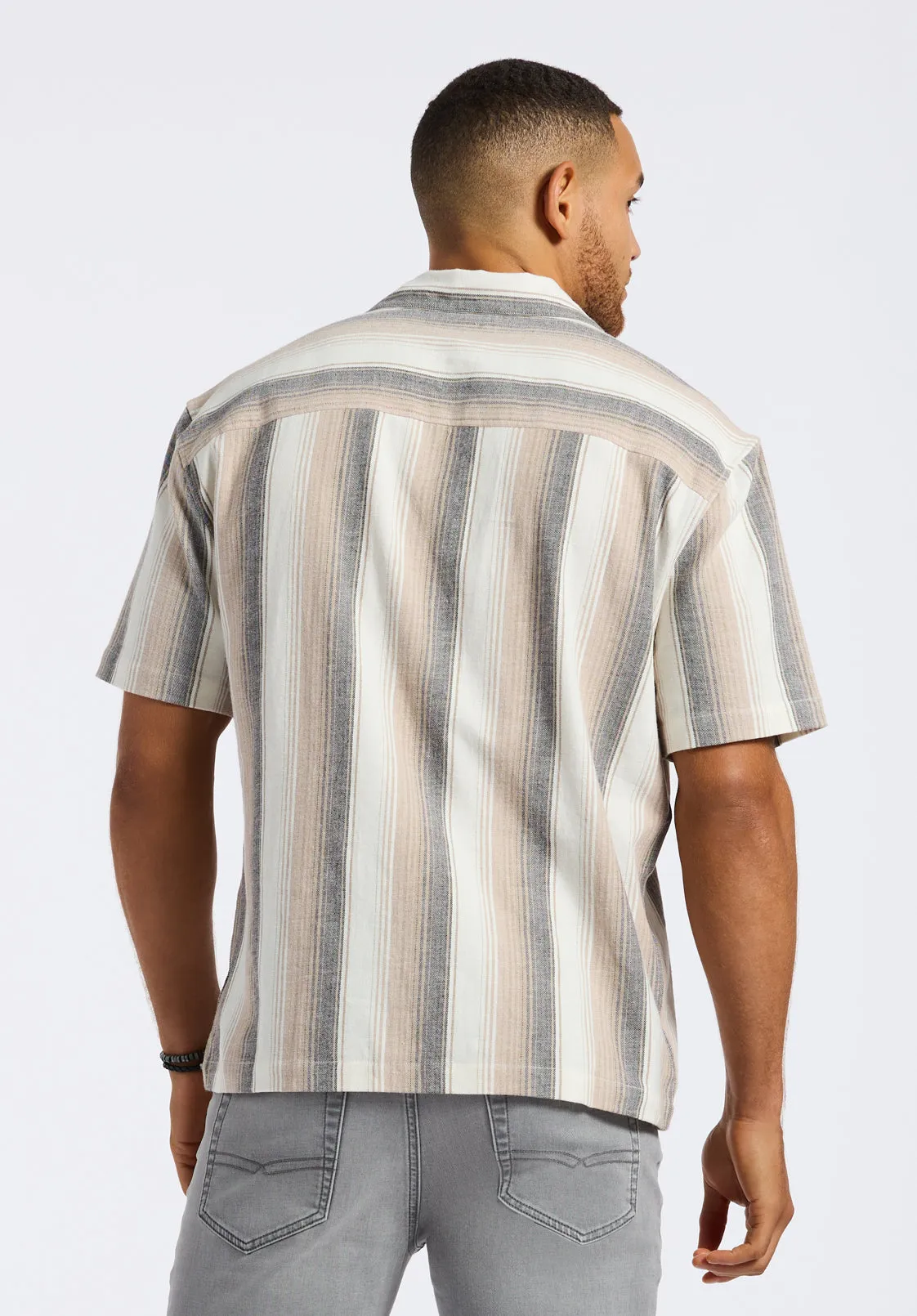 Salaman Men's Short-Sleeve Striped Camp Shirt, Woodsmoke Beige - BM24556 sold by Buffalo Jeans product image thumbnail 3