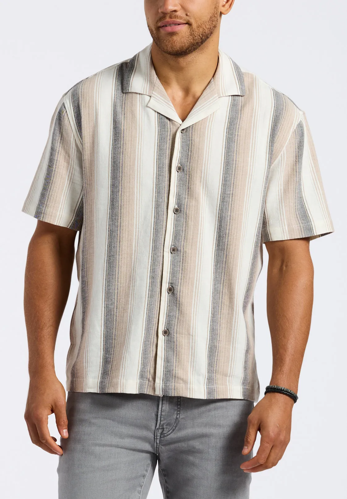 Salaman Men's Short-Sleeve Striped Camp Shirt, Woodsmoke Beige - BM24556 sold by Buffalo Jeans