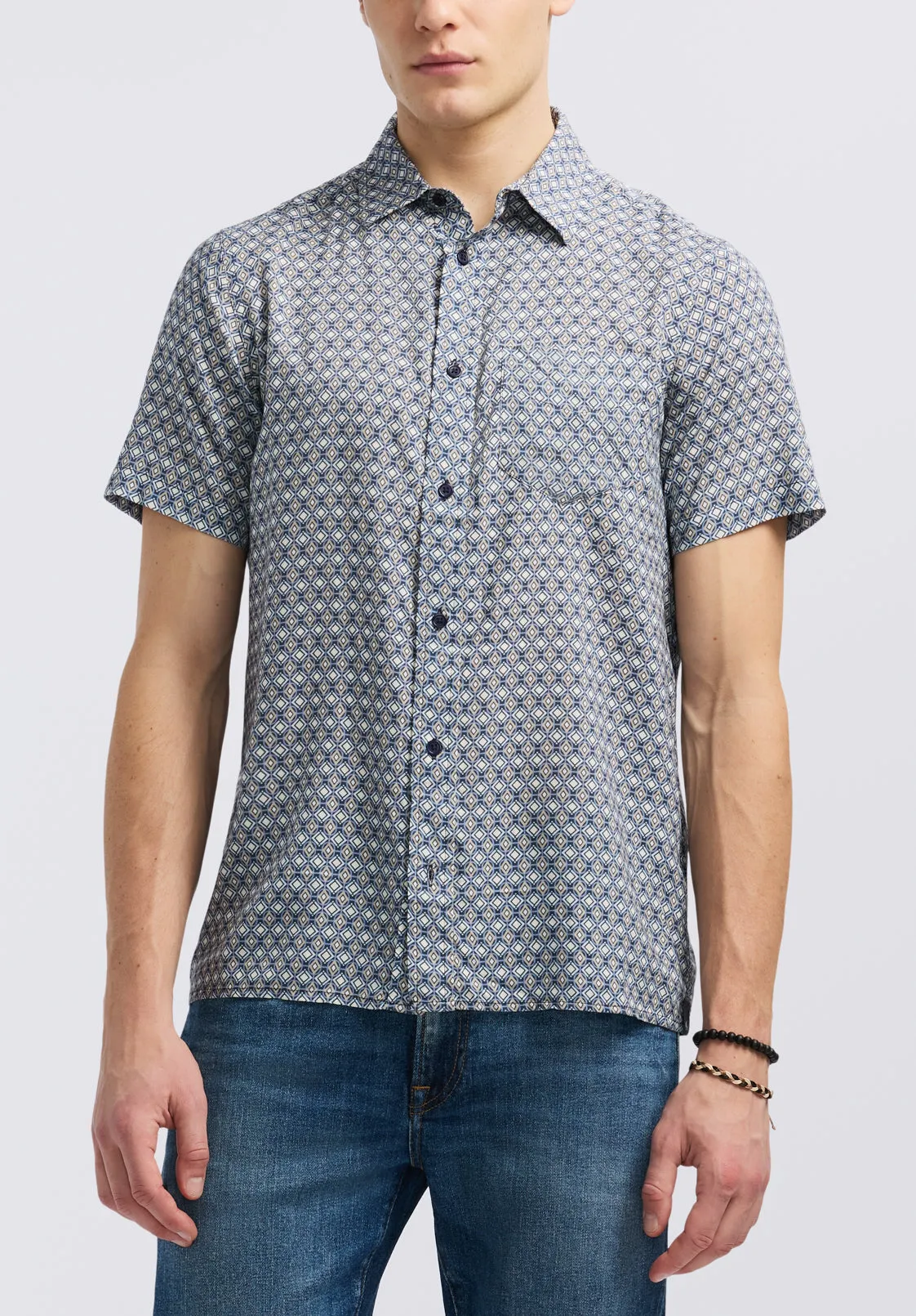 Sirilo Men's Short Sleeve Fitted Shirt with Geometric Print, Moonlight Blue - BM24652 sold by Buffalo Jeans