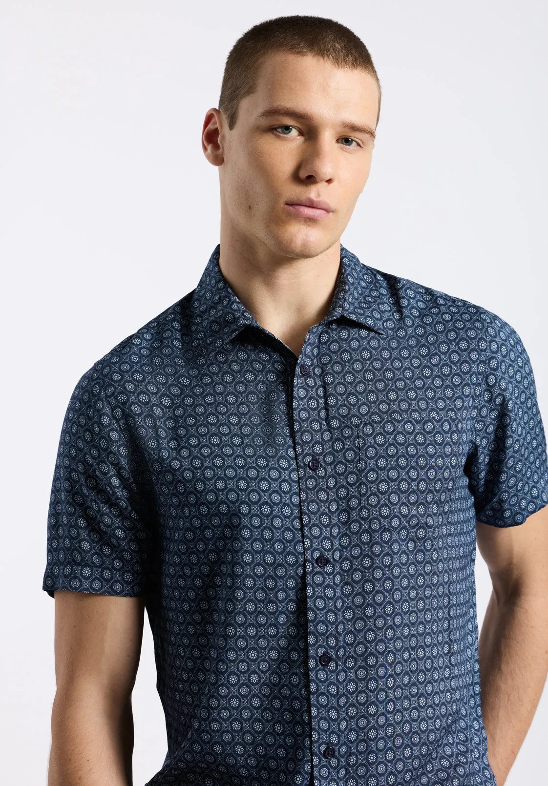 Sirilo Men's Short Sleeve Fitted Shirt with Geometric Print, Midnight Blue - BM24653 sold by Buffalo Jeans product image thumbnail 2