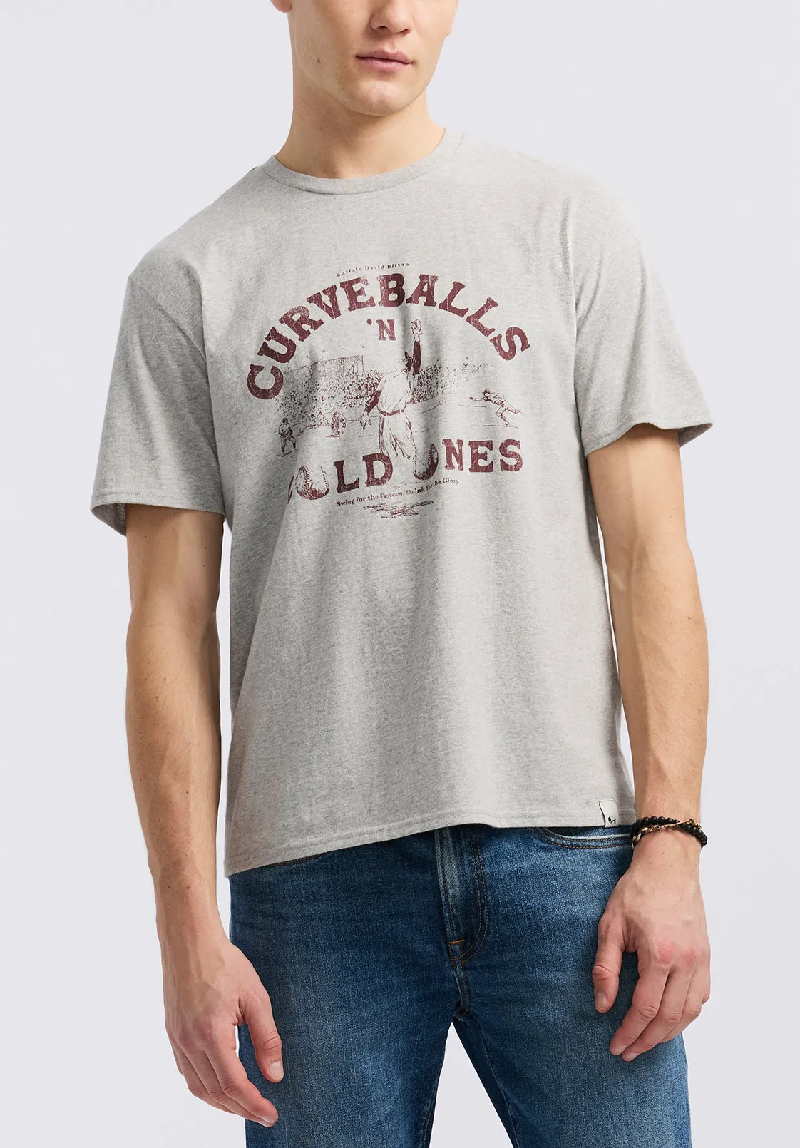 Tavis Men's Graphic T-Shirt with Curveballs 'n Cold Ones Print, Heather Grey - BM24716 sold by Buffalo Jeans