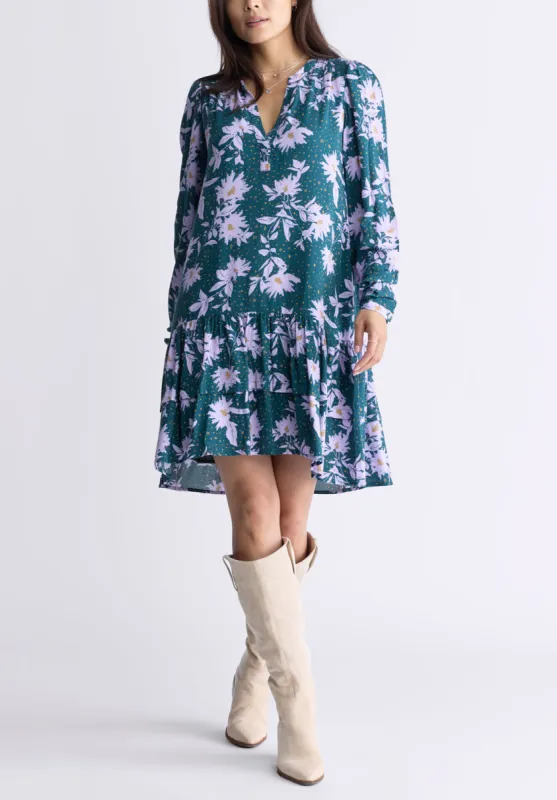 Dovie Women's Floral-Print Long-Sleeve Tiered Short Dress, Green & Purple - WD0057F sold by Buffalo Jeans