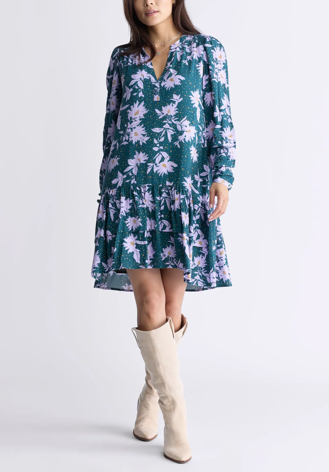Dovie Women's Floral-Print Long-Sleeve Tiered Short Dress, Green & Purple - WD0057F sold by Buffalo Jeans
