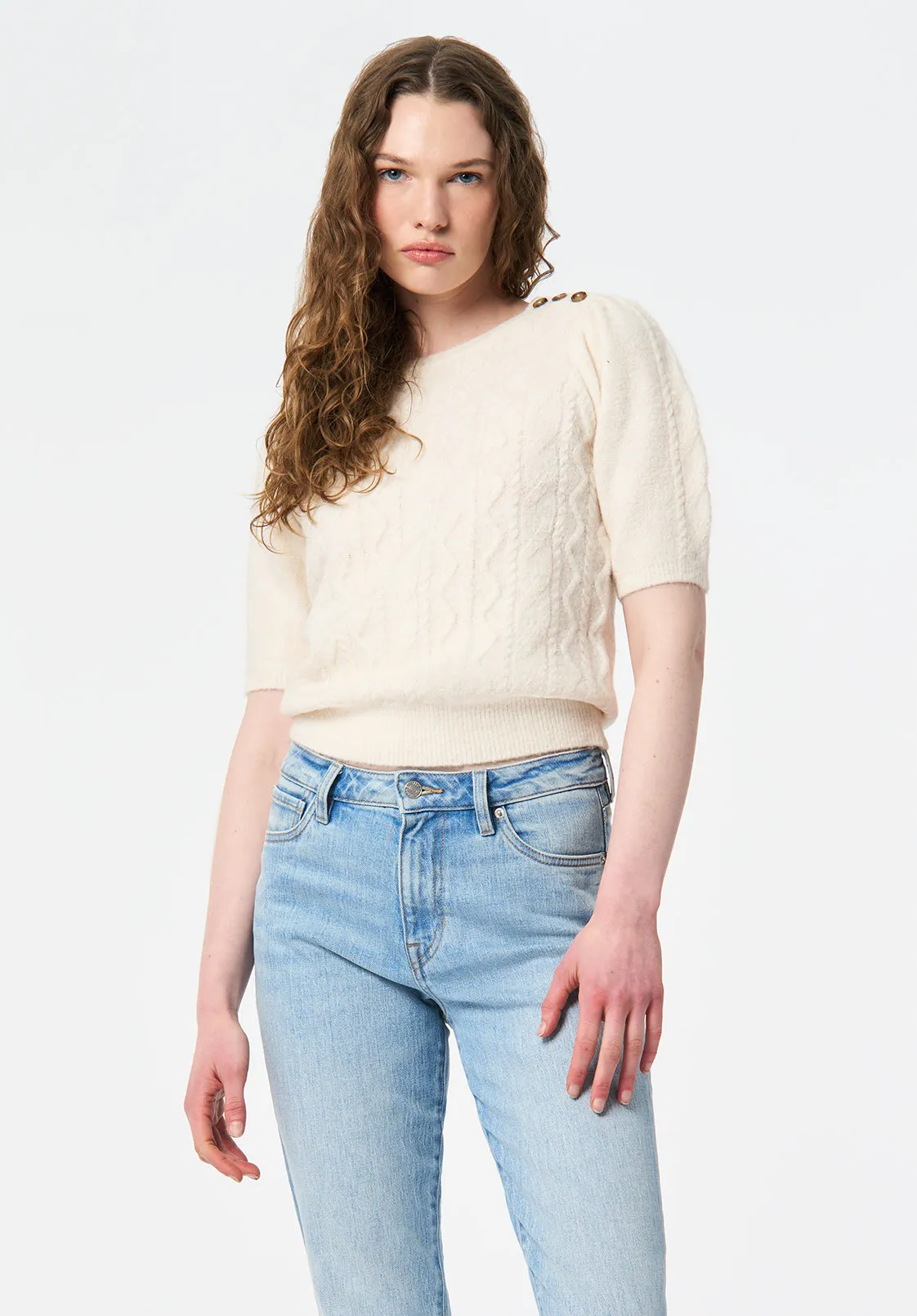 Winsome Women's Short Sleeve Cable Knit Sweater with Shoulder Button Detail, Marshmallow - SW0151 sold by Buffalo Jeans
