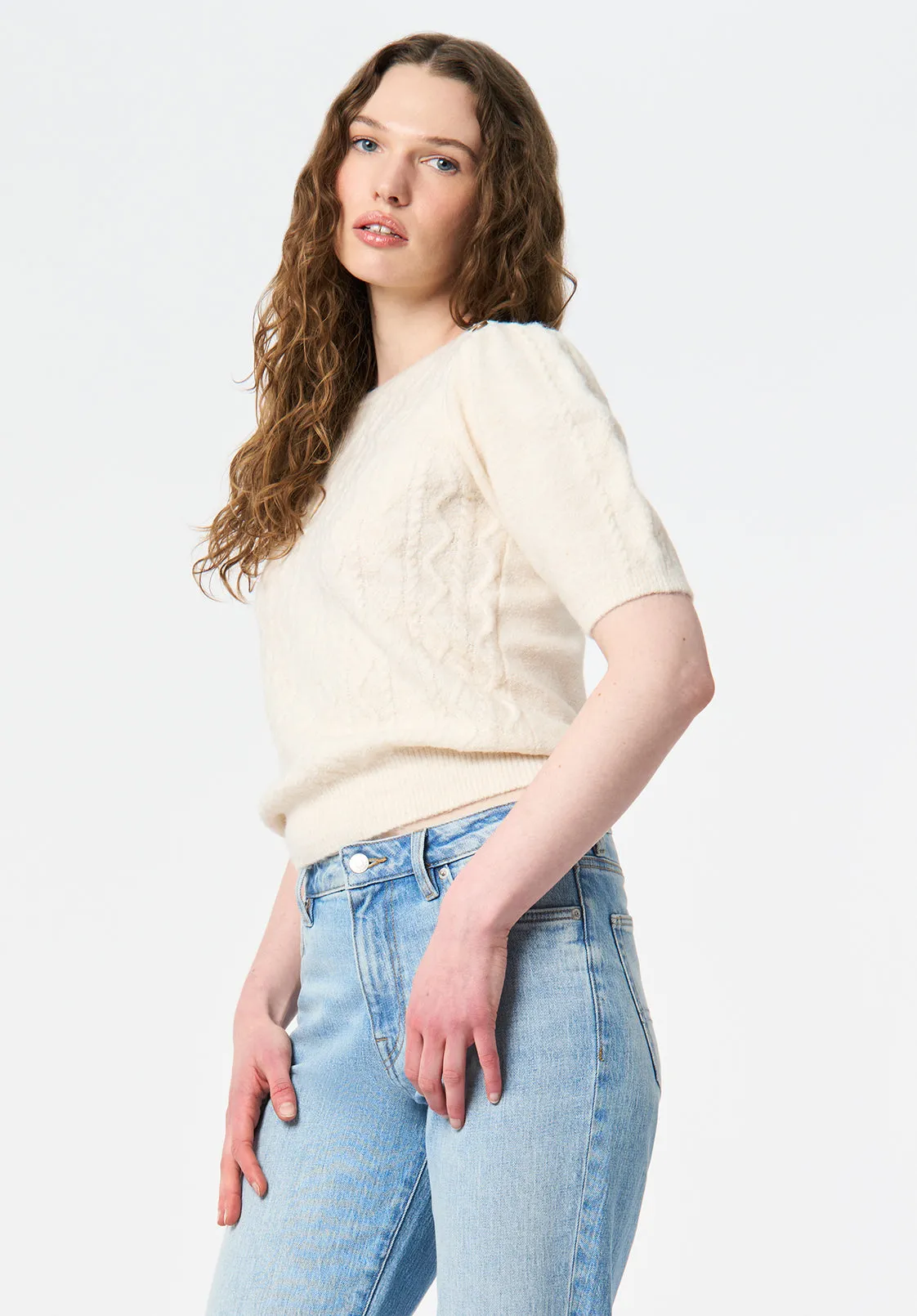 Winsome Women's Short Sleeve Cable Knit Sweater with Shoulder Button Detail, Marshmallow - SW0151 sold by Buffalo Jeans product image thumbnail 2