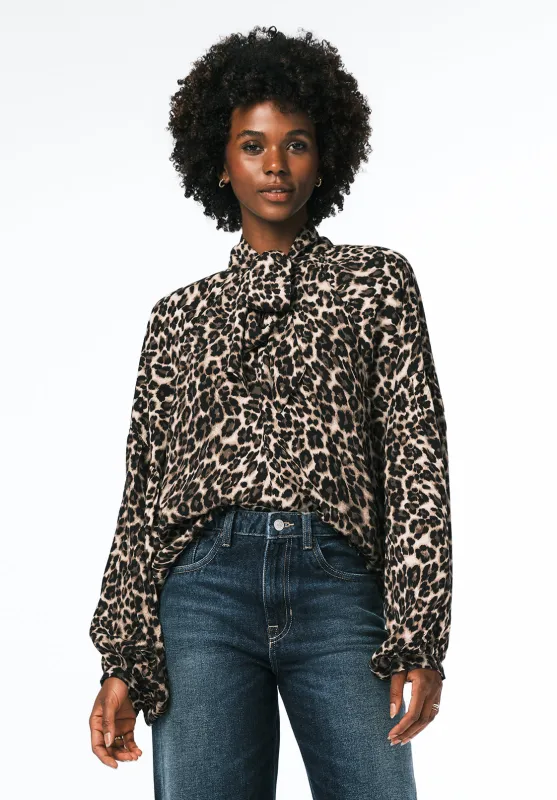 Carissa Women's Printed Blouse with Bow Neck and Voluminous Sleeves, Leopard - WT0207 sold by Buffalo Jeans