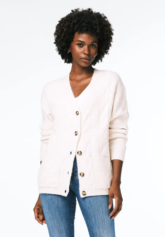 Calynda Women's Cable Knit Button-Up Cardigan with Pockets, Marshmallow - SW0144 made by Buffalo David Bitton