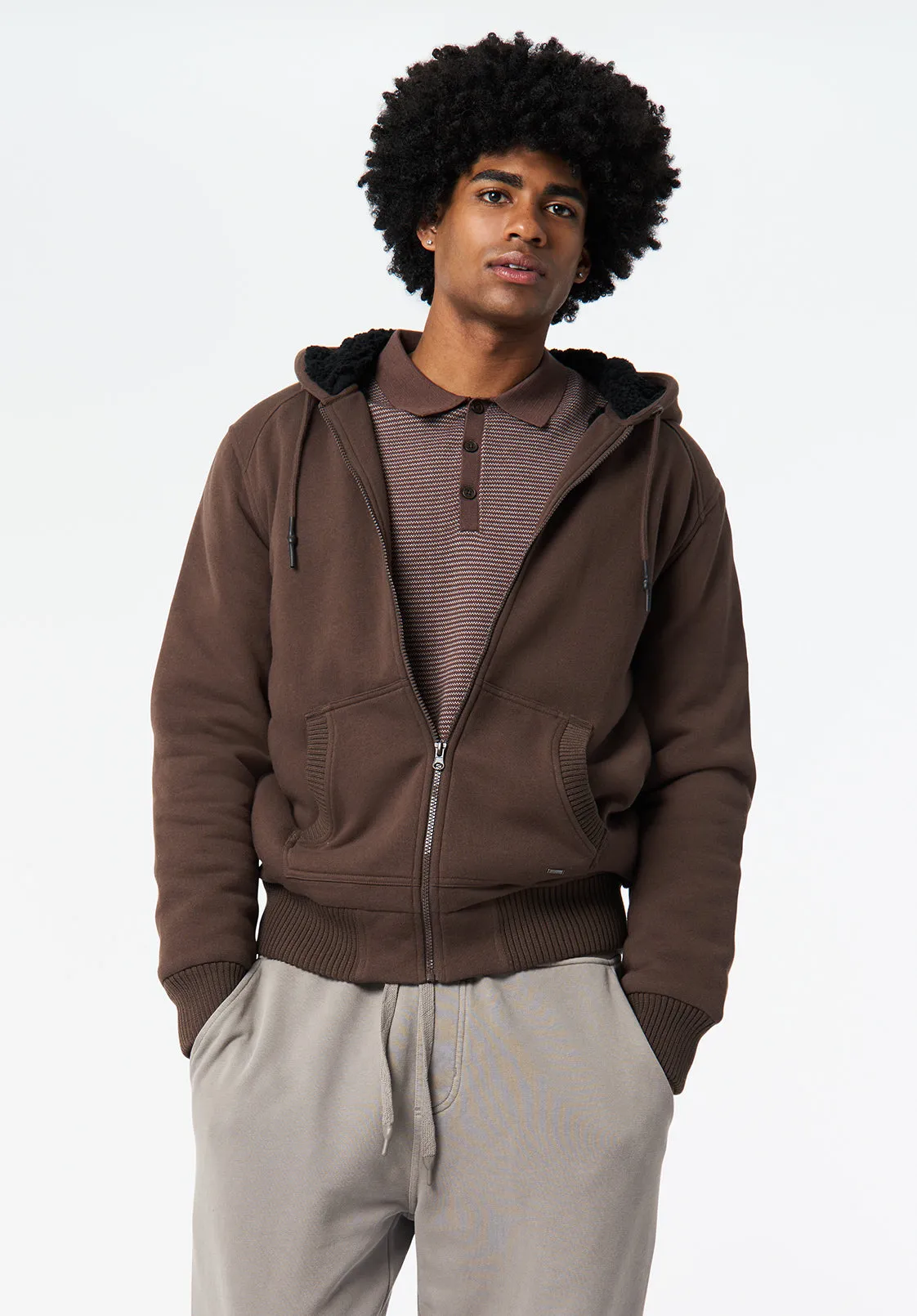 Fasox Men's Relaxed Full-Zip Hooded Jacket with Sherpa Lining, Chocolate Brown - BM24735 sold by Buffalo Jeans