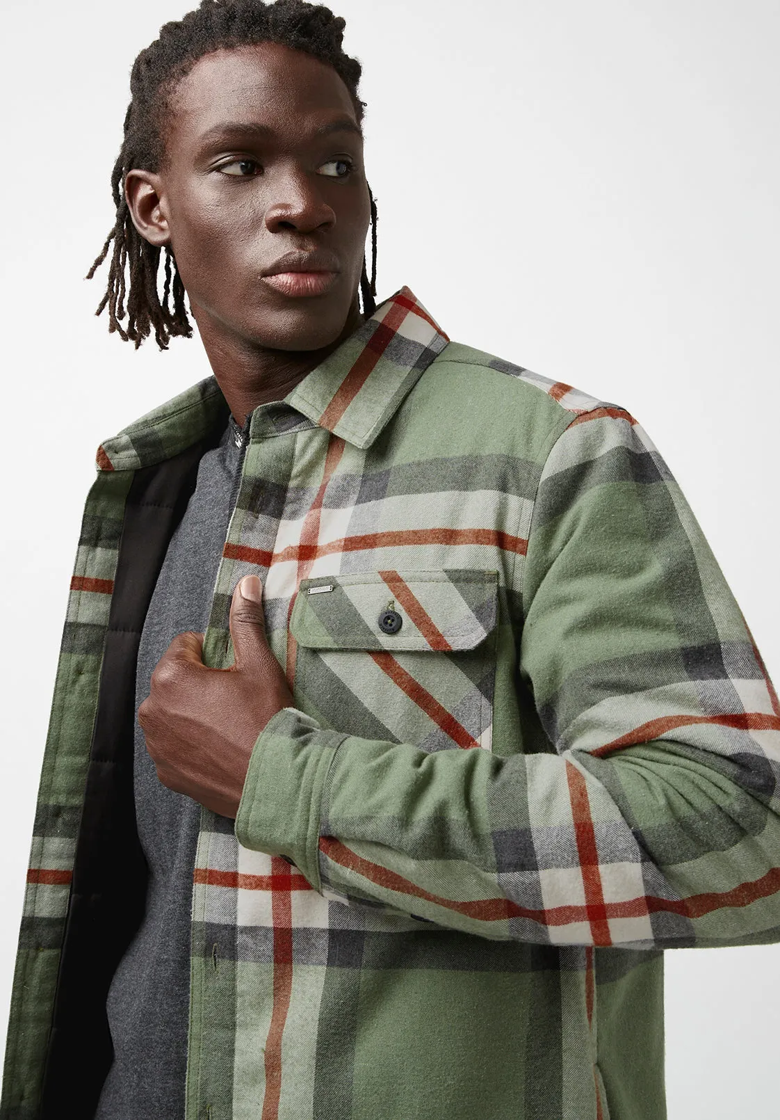 Jomon Men's Shacket in Green Grey Plaid - BM24103 | Parallel