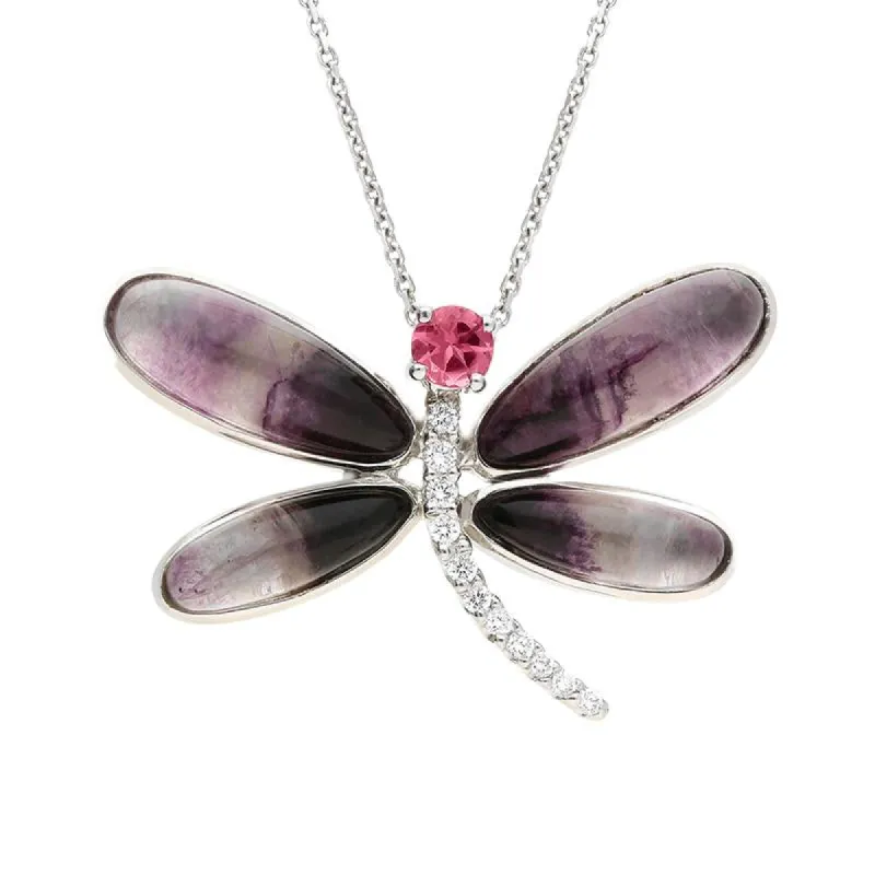 18ct White Gold Blue John Diamond and Rubellite Dragonfly Necklace sold by C.W. Sellors