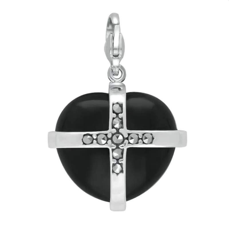 Sterling Silver Whitby Jet Nine Marcasite Cross Heart Charm sold by C.W. Sellors