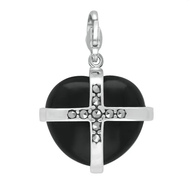 Sterling Silver Whitby Jet Nine Marcasite Cross Heart Charm sold by C.W. Sellors