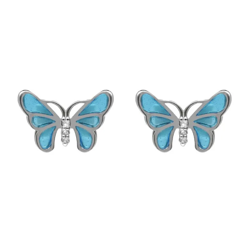 Sterling Silver White Sapphire Blue Enamel Style & Fashion Butterfly Stud Earrings sold by C.W. Sellors