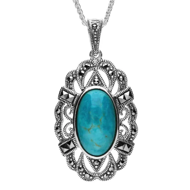 Sterling Silver Turquoise Marcasite Lace Edged Oval Necklace sold by C.W. Sellors