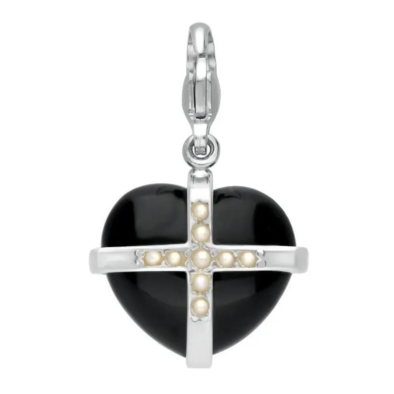 Sterling Silver Whitby Jet Nine Pearl Medium Cross Heart Charm sold by C.W. Sellors