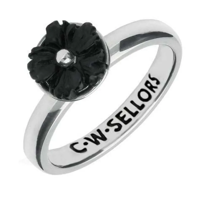 Sterling Silver Whitby Jet Tuberose Carved Flower Ring sold by C.W. Sellors