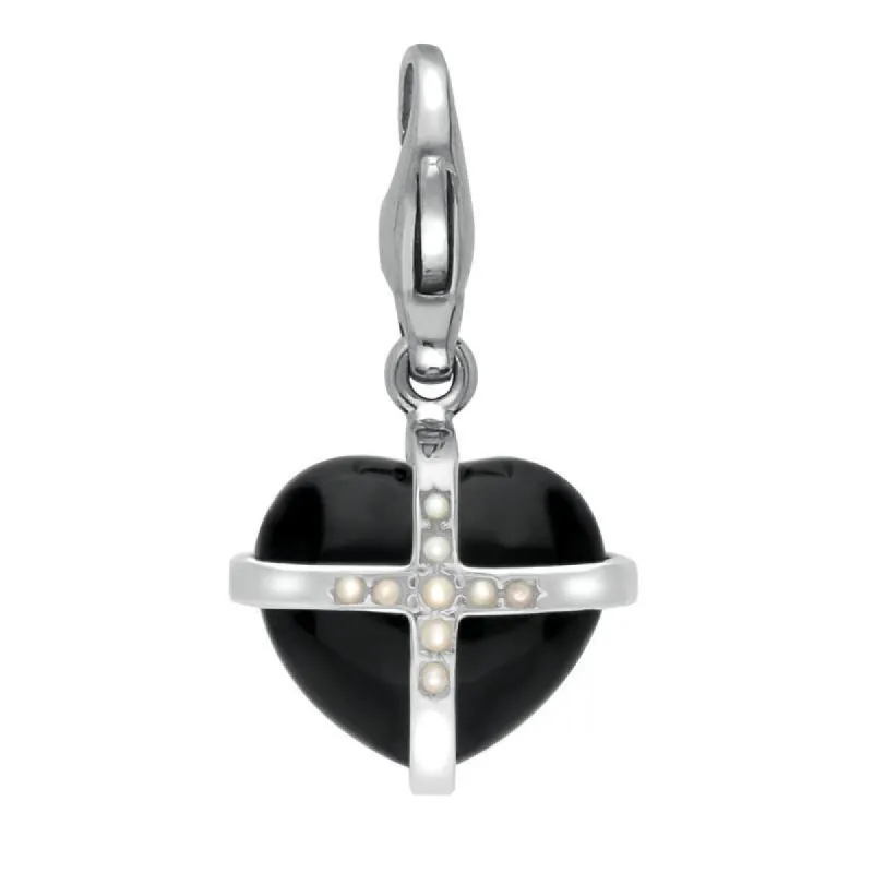 Sterling Silver Whitby Jet Nine Pearl Small Cross Heart Charm sold by C.W. Sellors