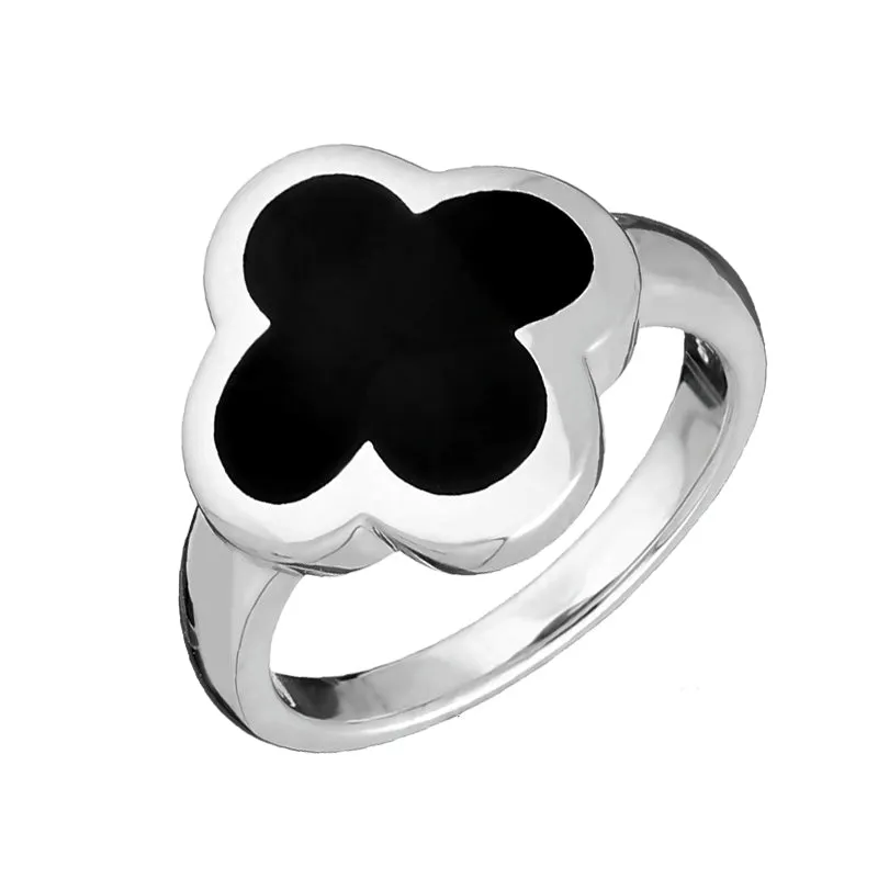 18ct White Gold Whitby Jet Bloom Four Leaf Clover Ring sold by C.W. Sellors