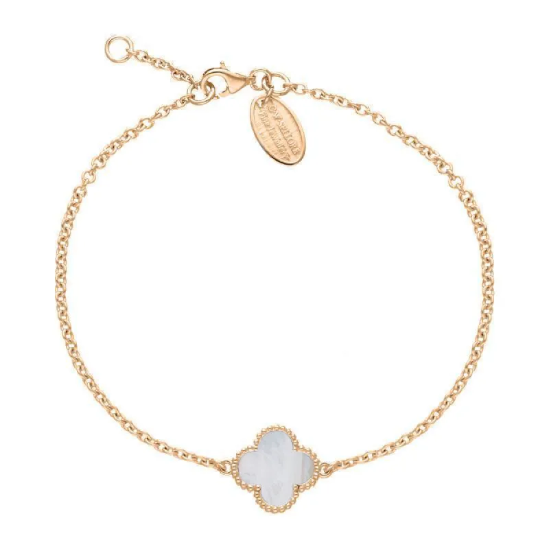 9ct Rose Gold White Mother of Pearl Bloom Four Leaf Clover Ball Edge Chain Bracelet sold by C.W. Sellors