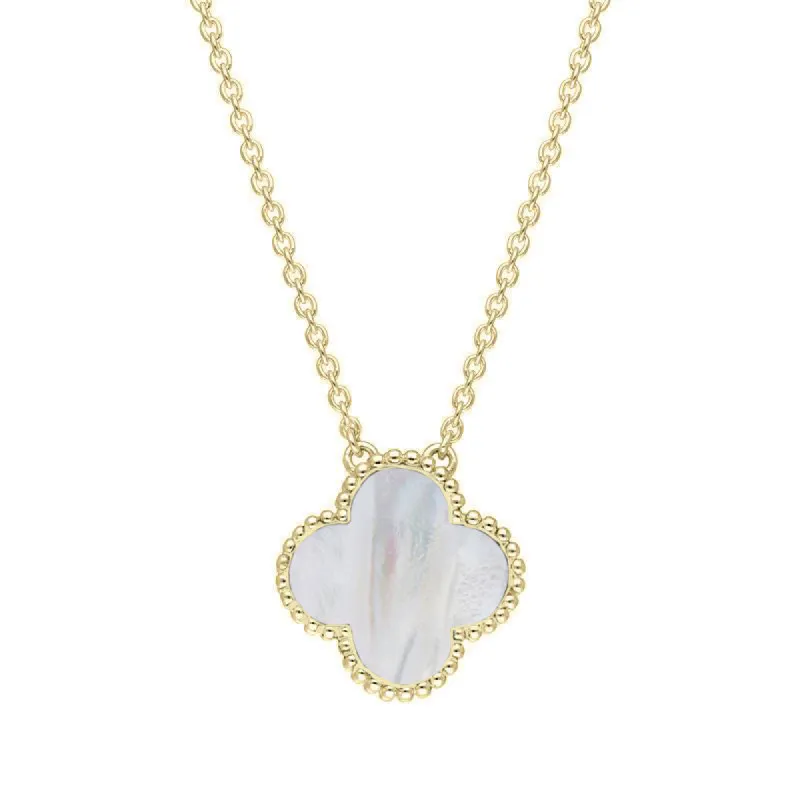18ct Yellow Gold White Mother of Pearl Bloom Large Four Leaf Clover Ball Edge Chain Necklet sold by C.W. Sellors