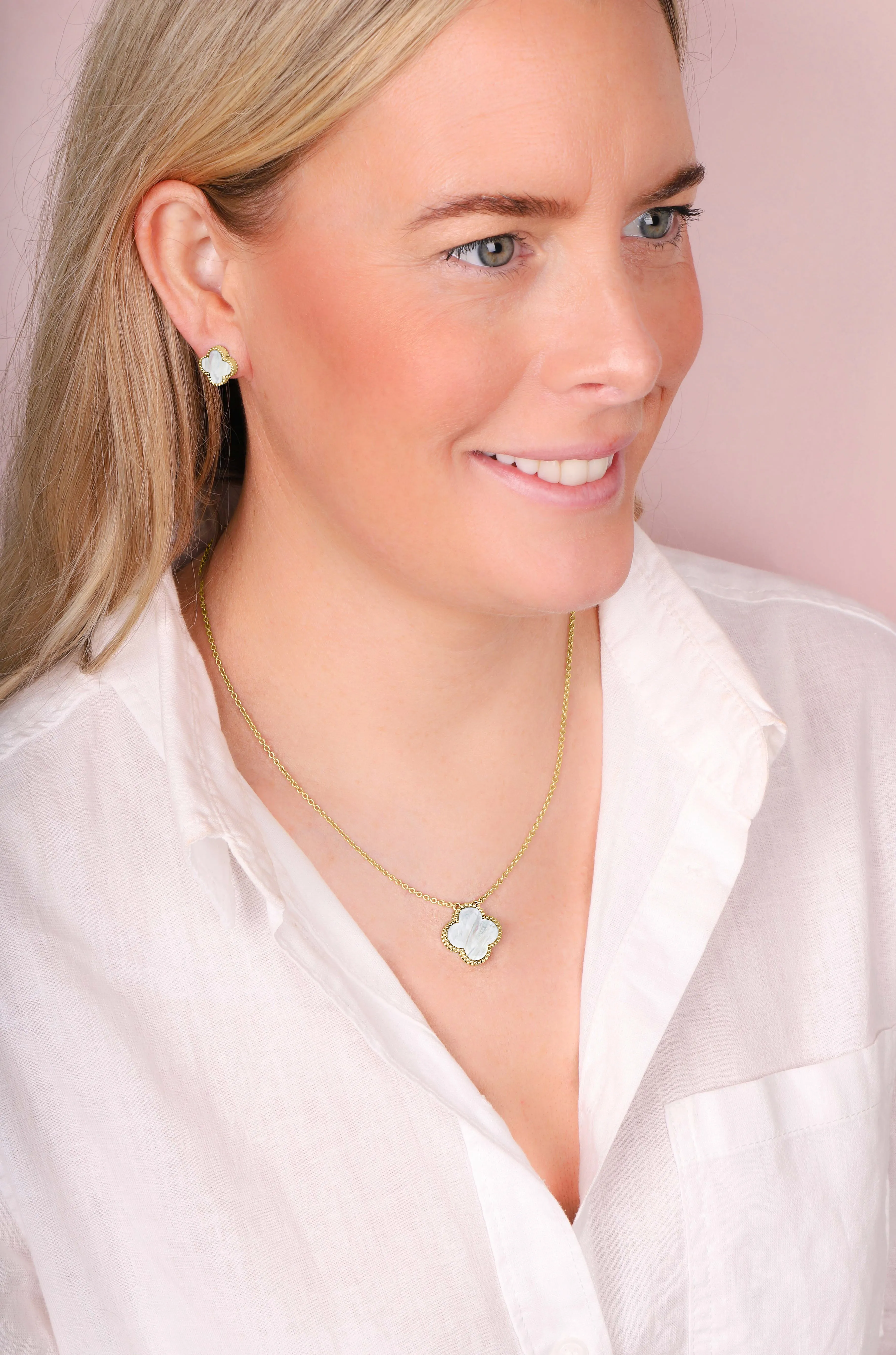 18ct Yellow Gold White Mother of Pearl Bloom Large Four Leaf Clover Ball Edge Chain Necklet sold by C.W. Sellors product image thumbnail 3