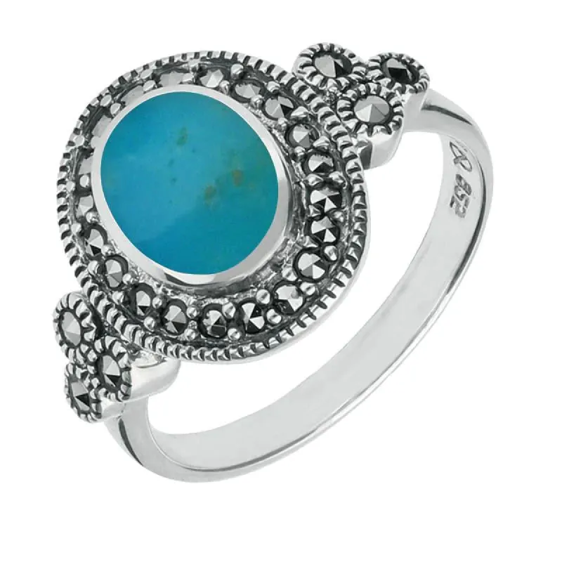 Sterling Silver Turquoise Marcasite Oval Beaded Edge Ring sold by C.W. Sellors