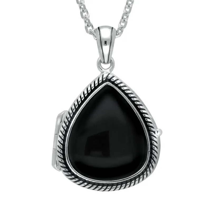 Sterling Silver Whitby Jet Pear Rope Edge Locket sold by C.W. Sellors
