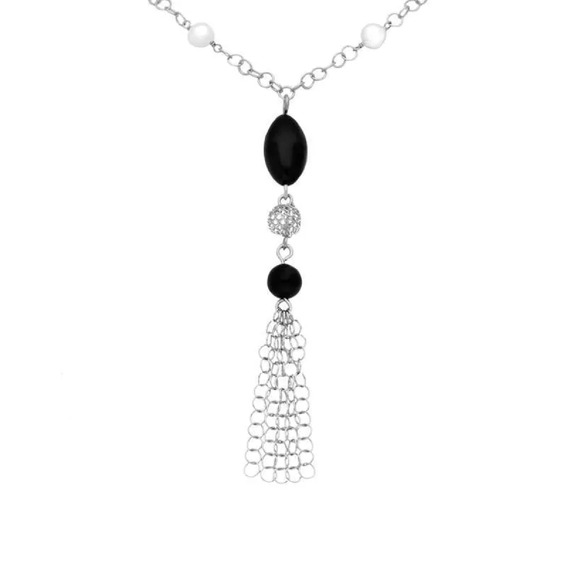 Sterling Silver Whitby Jet & Pearl Tassel Necklace D sold by C.W. Sellors