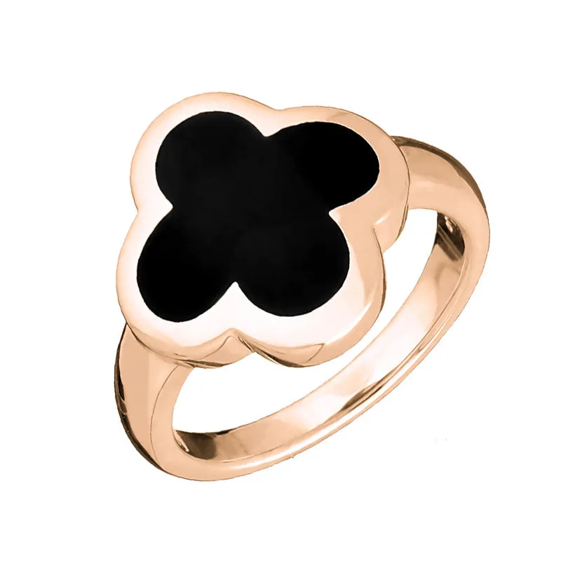 18ct Rose Gold Whitby Jet Bloom Four Leaf Clover Ring sold by C.W. Sellors