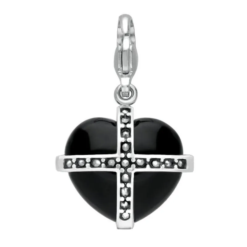 Sterling Silver Whitby Jet Seventeen Marcasite Medium Cross Heart Charm sold by C.W. Sellors