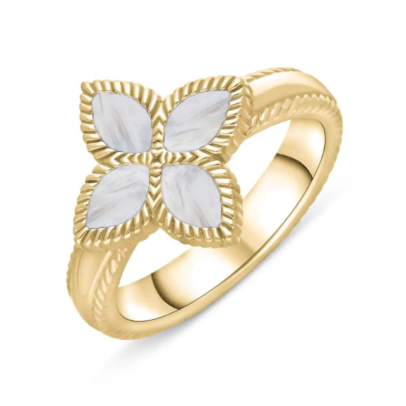 18ct Yellow Gold White Mother of Pearl Eden Marquise Flower Ring sold by C.W. Sellors