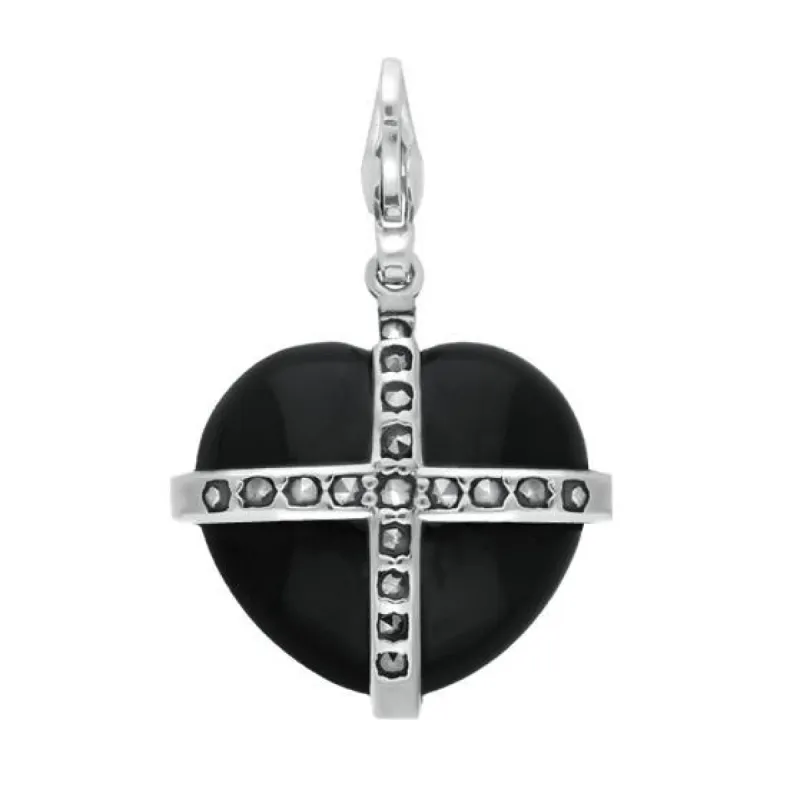 Sterling Silver Whitby Jet Marcasite Small Cross Heart Charm sold by C.W. Sellors
