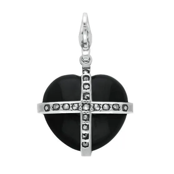 Sterling Silver Whitby Jet Marcasite Small Cross Heart Charm sold by C.W. Sellors