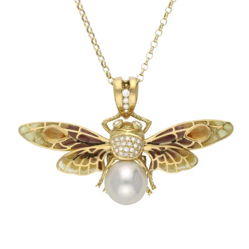 18ct Yellow Gold Pearl Diamond Enamel Style & Fashion Moth Necklace sold by C.W. Sellors