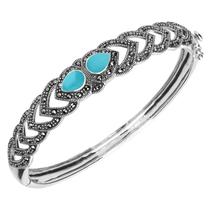 Sterling Silver Turquoise Marcasite Two Stone Pear Bangle made by C.W. Sellors