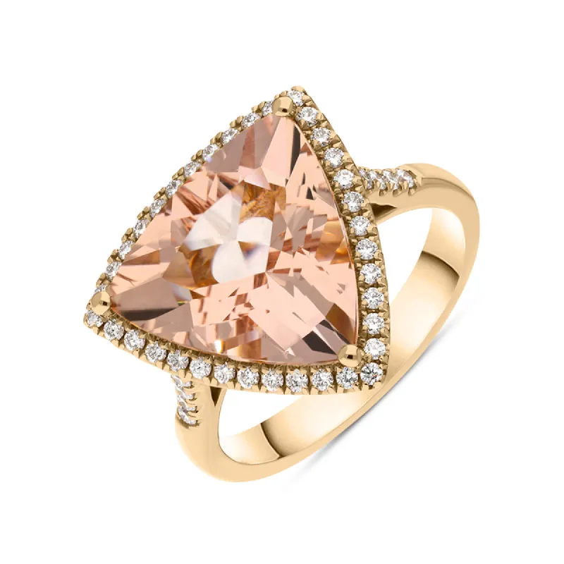 18ct Rose Gold Morganite Diamond Trillion Cut Shoulder Set Halo Ring sold by C.W. Sellors